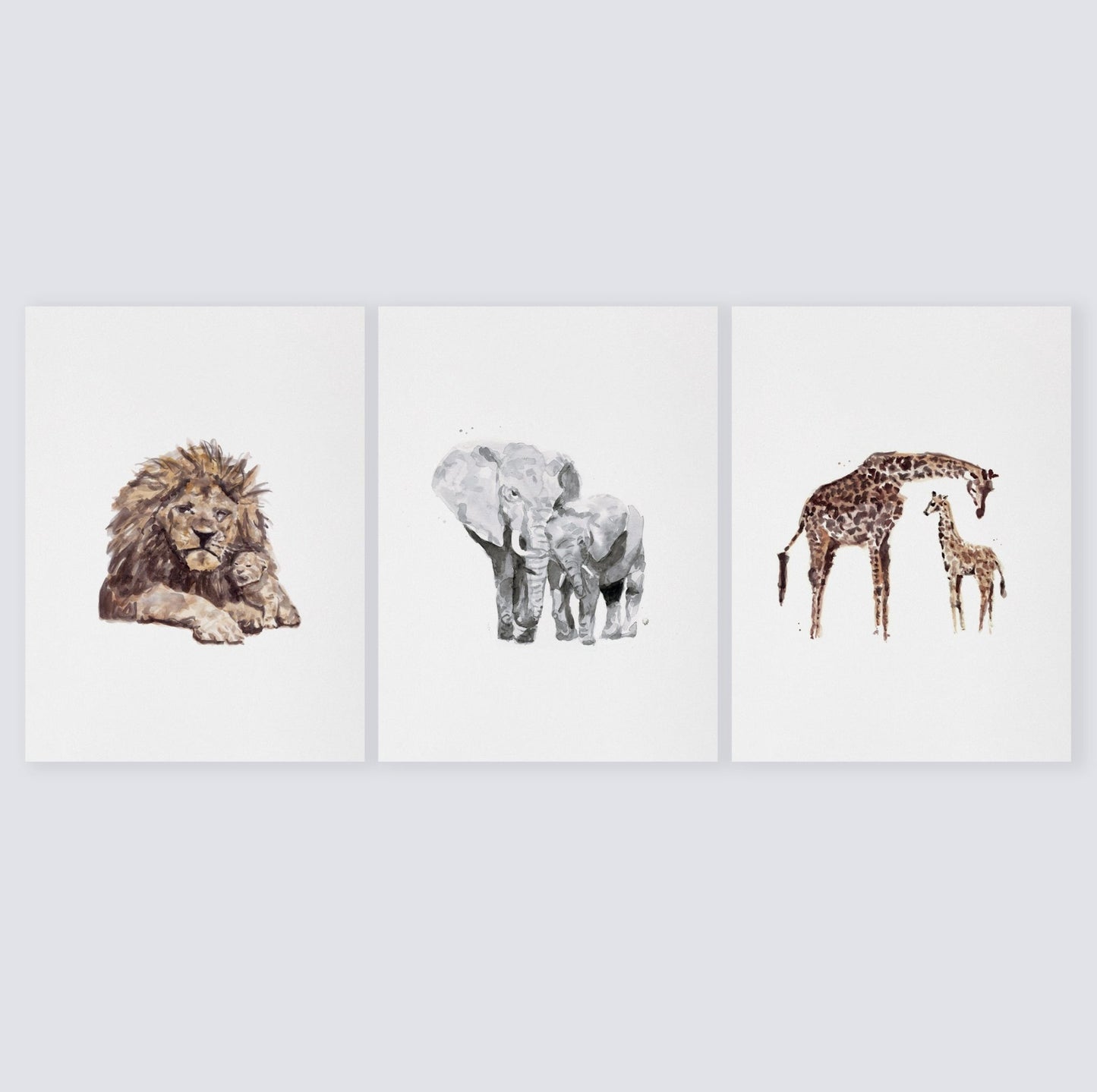 Safari Animals Watercolor Prints Set of 3 Giraffes, Lions and Elephants - Jungle Nursery Art Prints - Moon Rock Prints