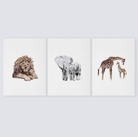 Safari Animals Watercolor Prints Set of 3 Giraffes, Lions and Elephants - Jungle Nursery Art Prints - Moon Rock Prints