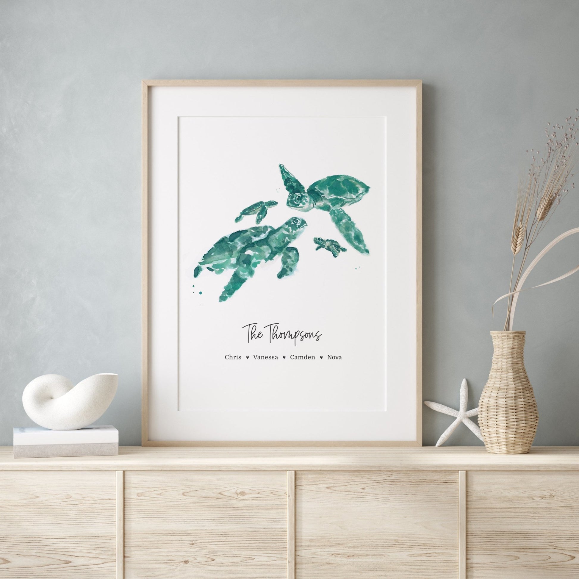 Sea Turtle Family Personalized Print that is a unique Personalized Beach House Art