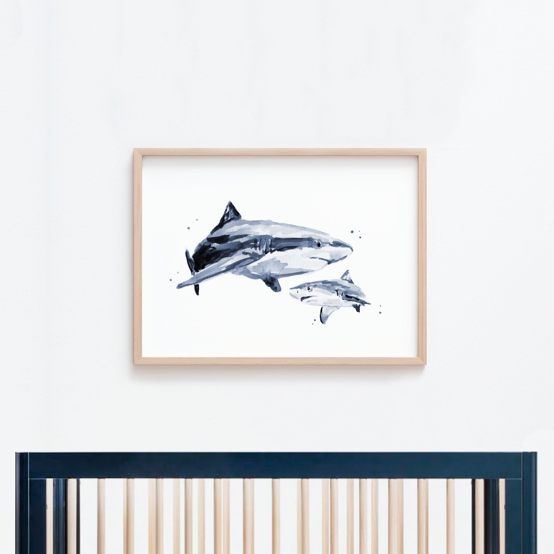 Shark & Baby Shark Watercolor Print Ocean Nursery Decor