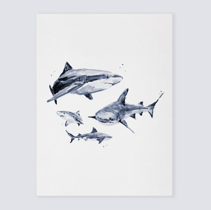 Shark Family Watercolor Print Nautical Nursery Art