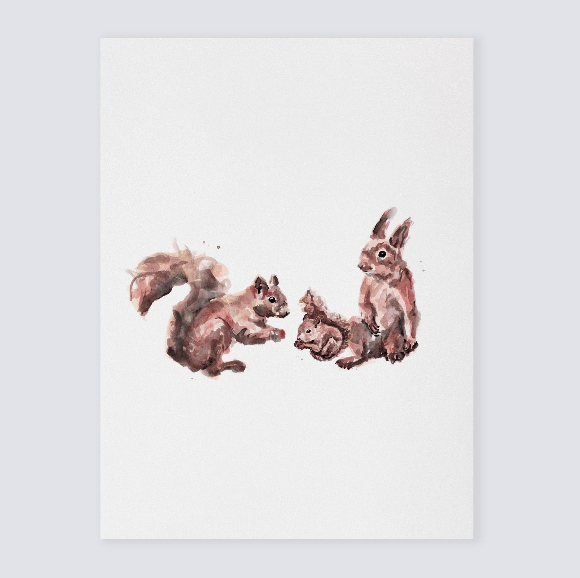 Quirky Squirrel Family of 3 Woodland Animal Watercolor Art Print for Woodland Nursery by Moon Rock Prints