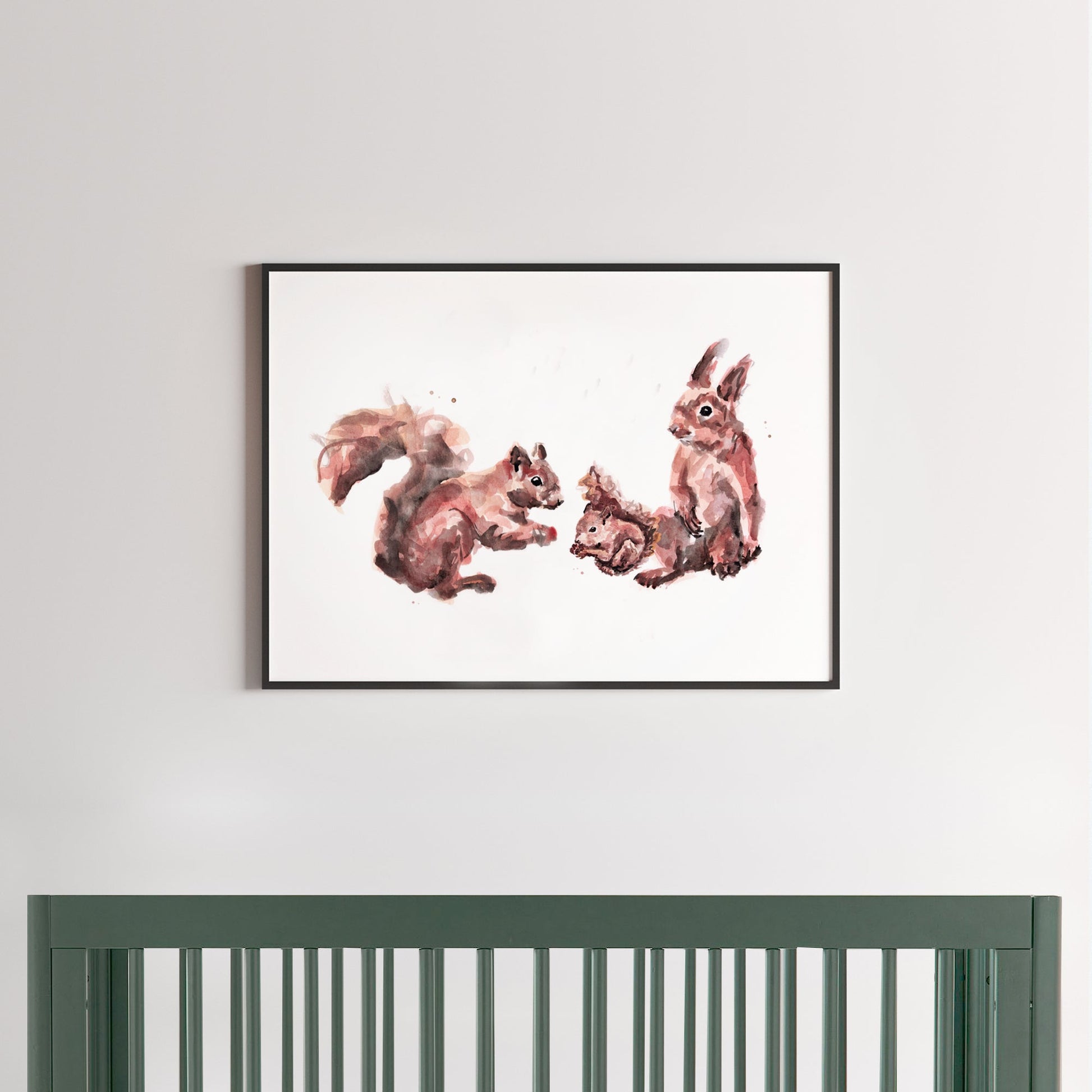 Quirky Squirrel Family of 3 Woodland Animal Watercolor Art Print for Woodland Nursery by Moon Rock Prints