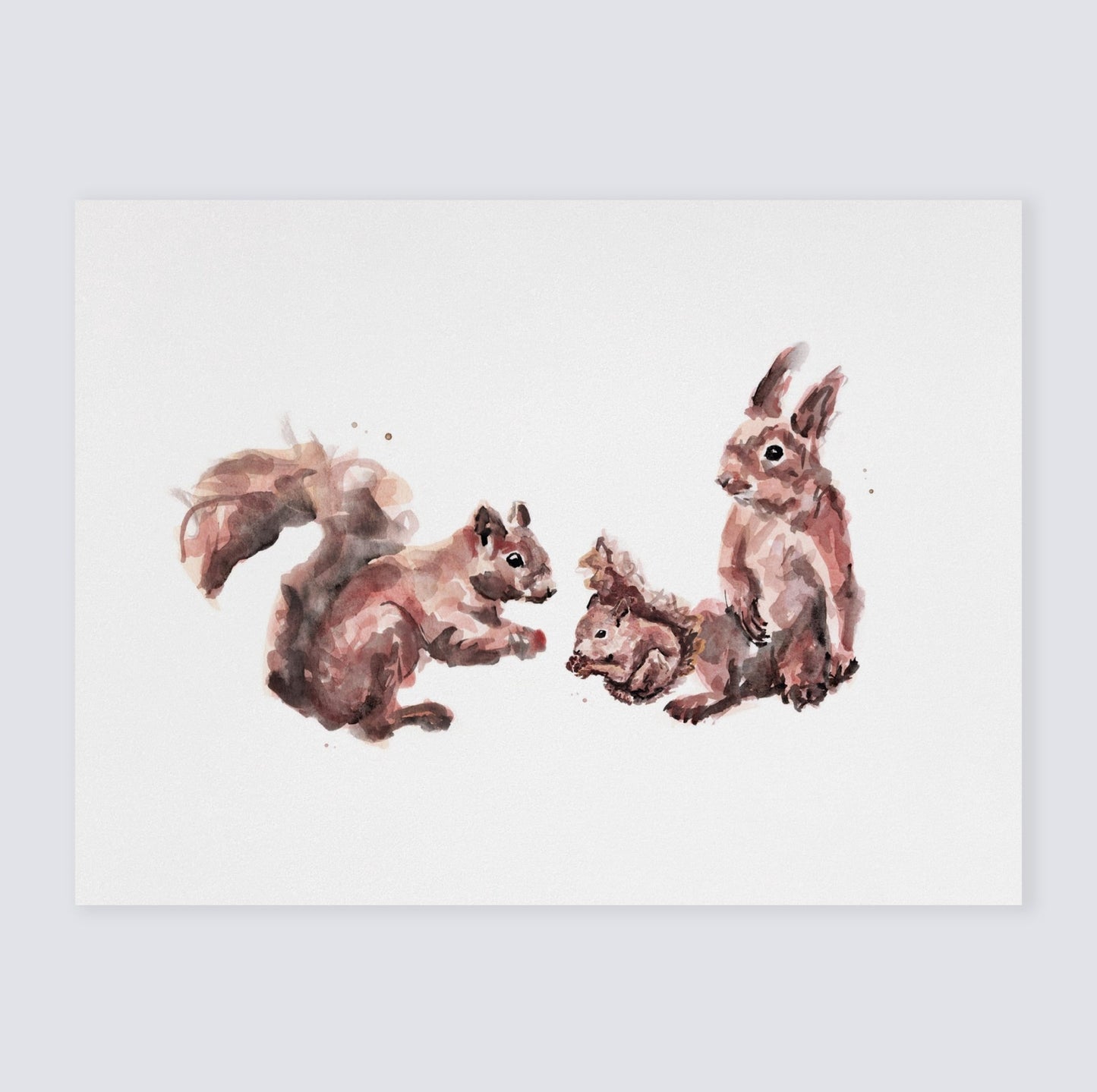 Quirky Squirrel Family of 3 Woodland Animal Watercolor Art Print for Woodland Nursery by Moon Rock Prints