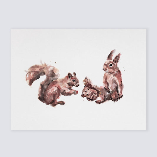 Quirky Squirrel Family of 3 Woodland Animal Watercolor Art Print for Woodland Nursery by Moon Rock Prints
