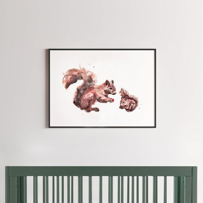 Mama & Baby Squirrel Watercolor Print for Woodland Nursery