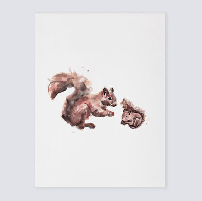 Mama & Baby Squirrel Watercolor Print for Woodland Nursery