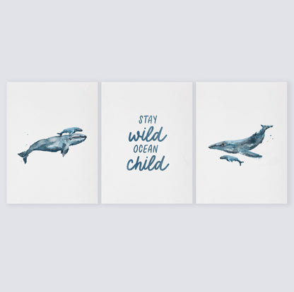 Stay Wild Ocean Child 3 Print Set - Whale Print - Kids Room Wall Art - Moon Rock Prints