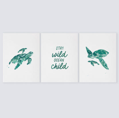 Stay Wild Ocean Child 3 Print Set - Sea Turtle Print - Kids Room Wall Art - Moon Rock Prints
