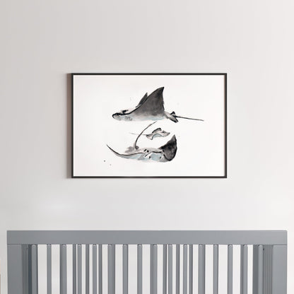Stingray Family Watercolor Print for Beach House Wall Art
