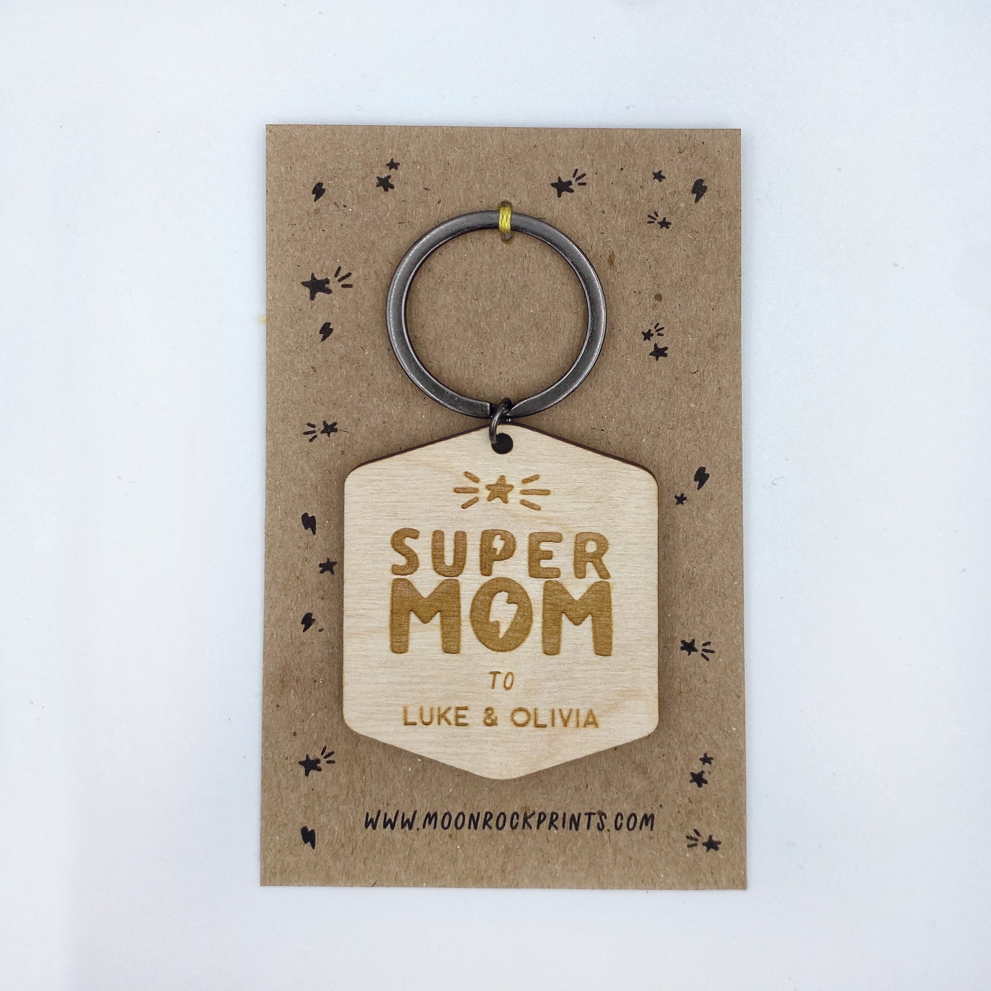 Super Mom Personalized Keychain - Custom Wood Keychains - Gift for Mom - Moon Rock Prints