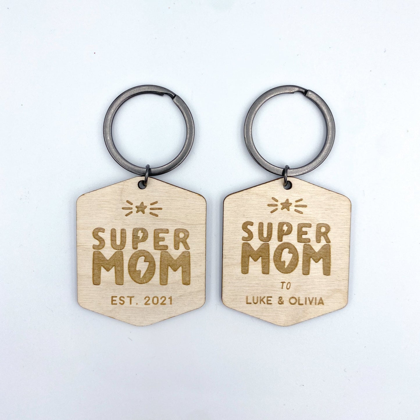Super Mom Personalized Keychain - Custom Wood Keychains - Gift for Mom - Moon Rock Prints