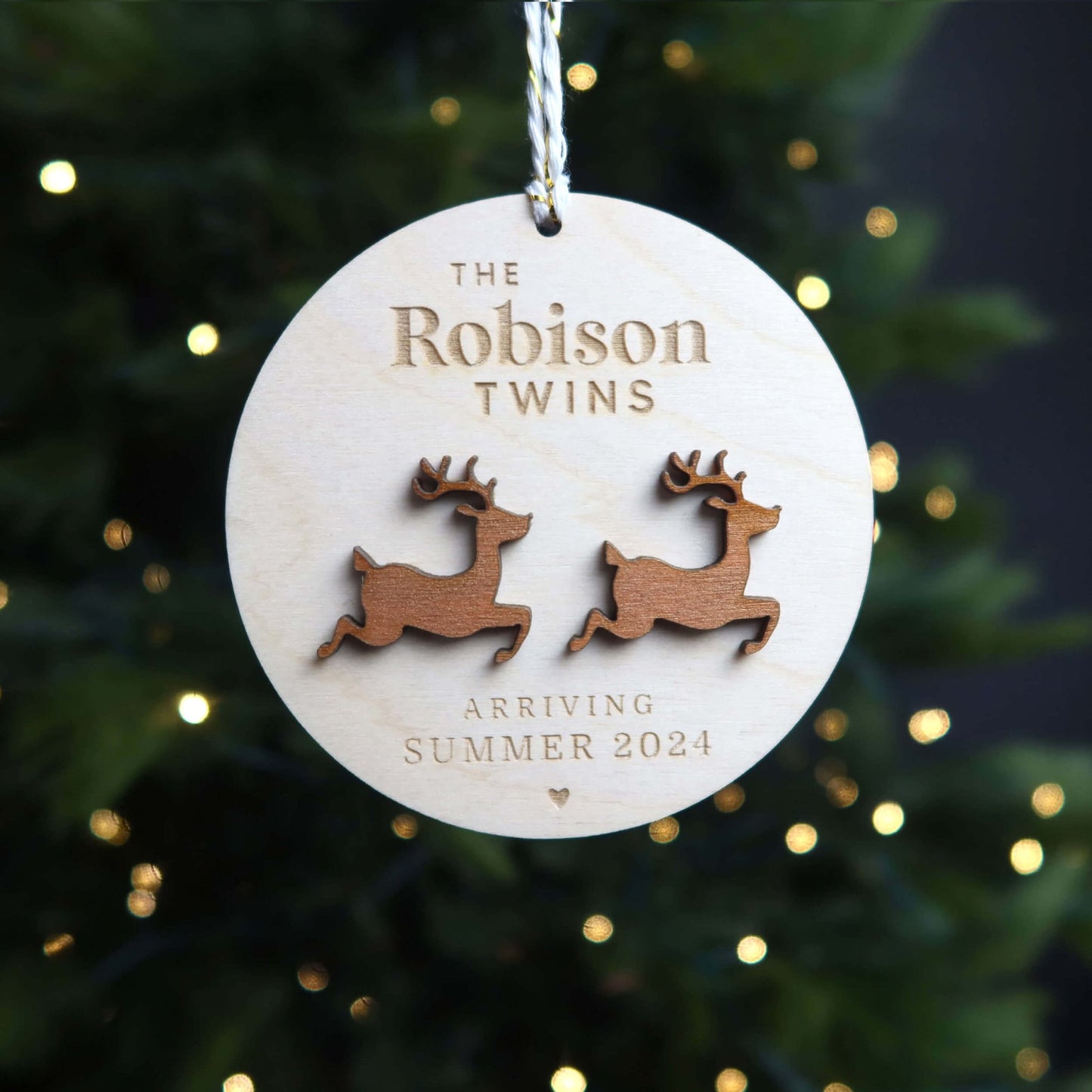 Twin Pregnancy Announcement Reindeer Ornament Personalized - Holiday Ornaments - Moon Rock Prints