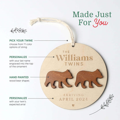 Twins Pregnancy Announcement Personalized Bears Ornament - Holiday Ornaments - Moon Rock Prints