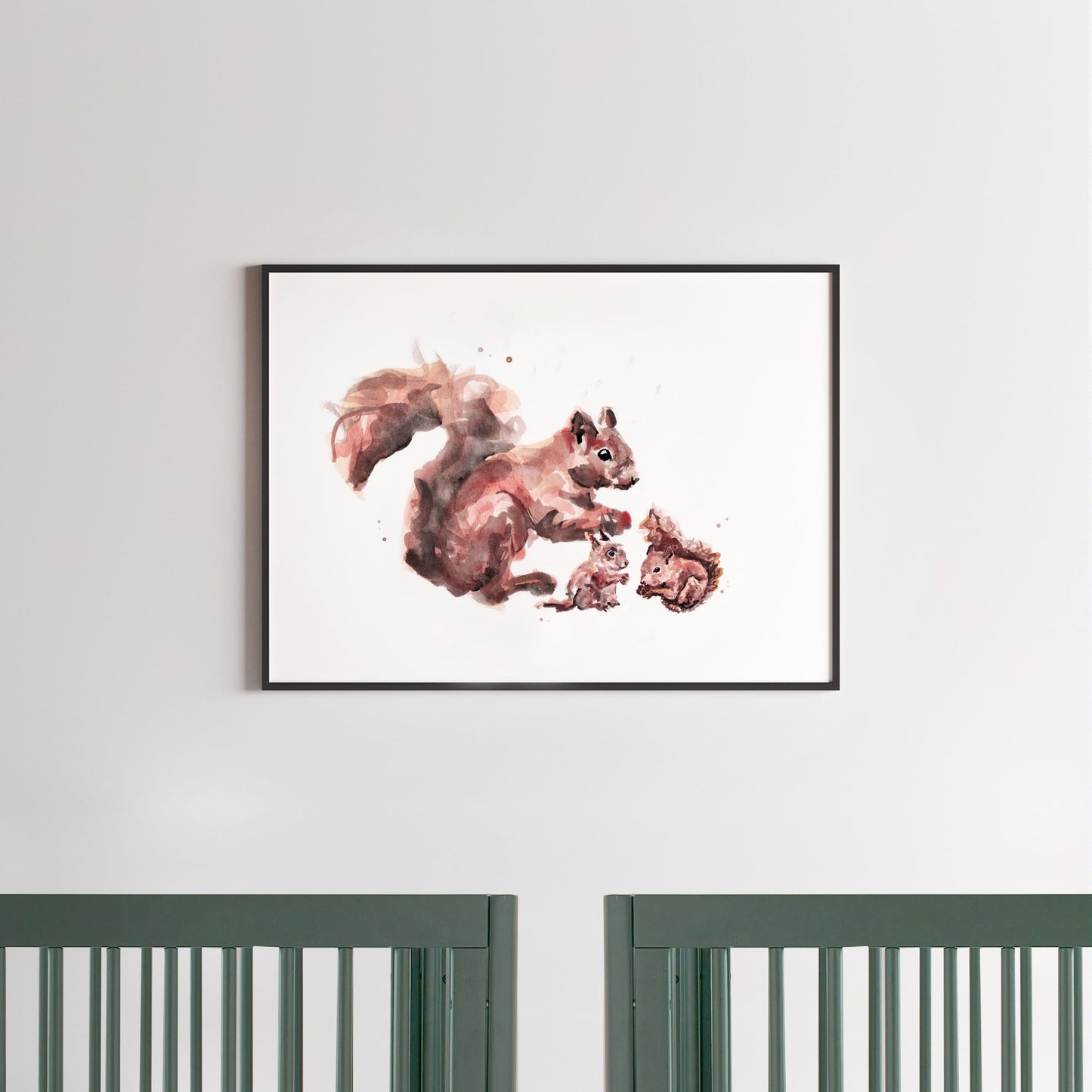 Squirrel & Two Baby Squirrels Woodland Animal Watercolor Art Print for Twin Nursery by Moon Rock Prints