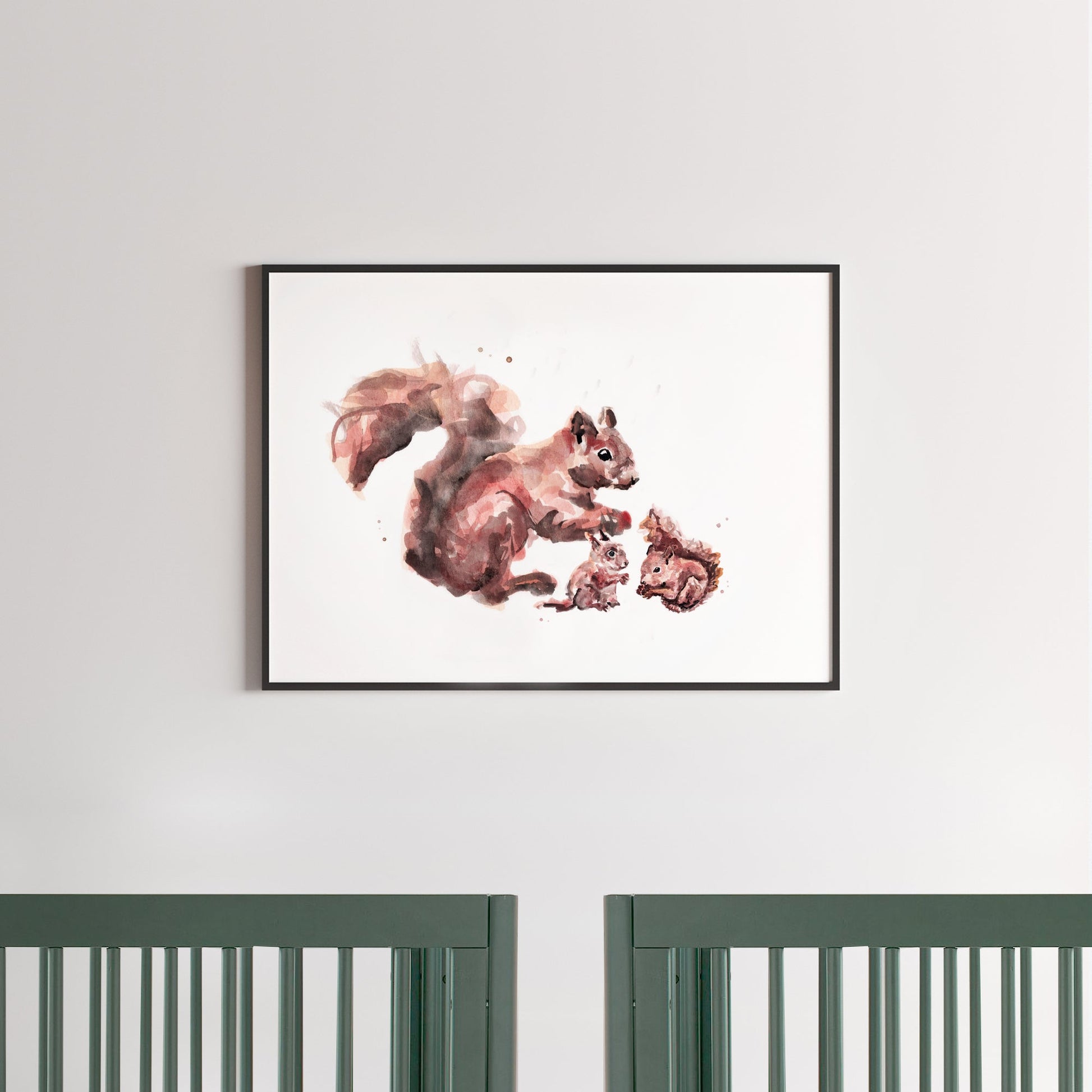 Squirrel & Two Baby Squirrels Woodland Animal Watercolor Art Print for Twin Nursery by Moon Rock Prints