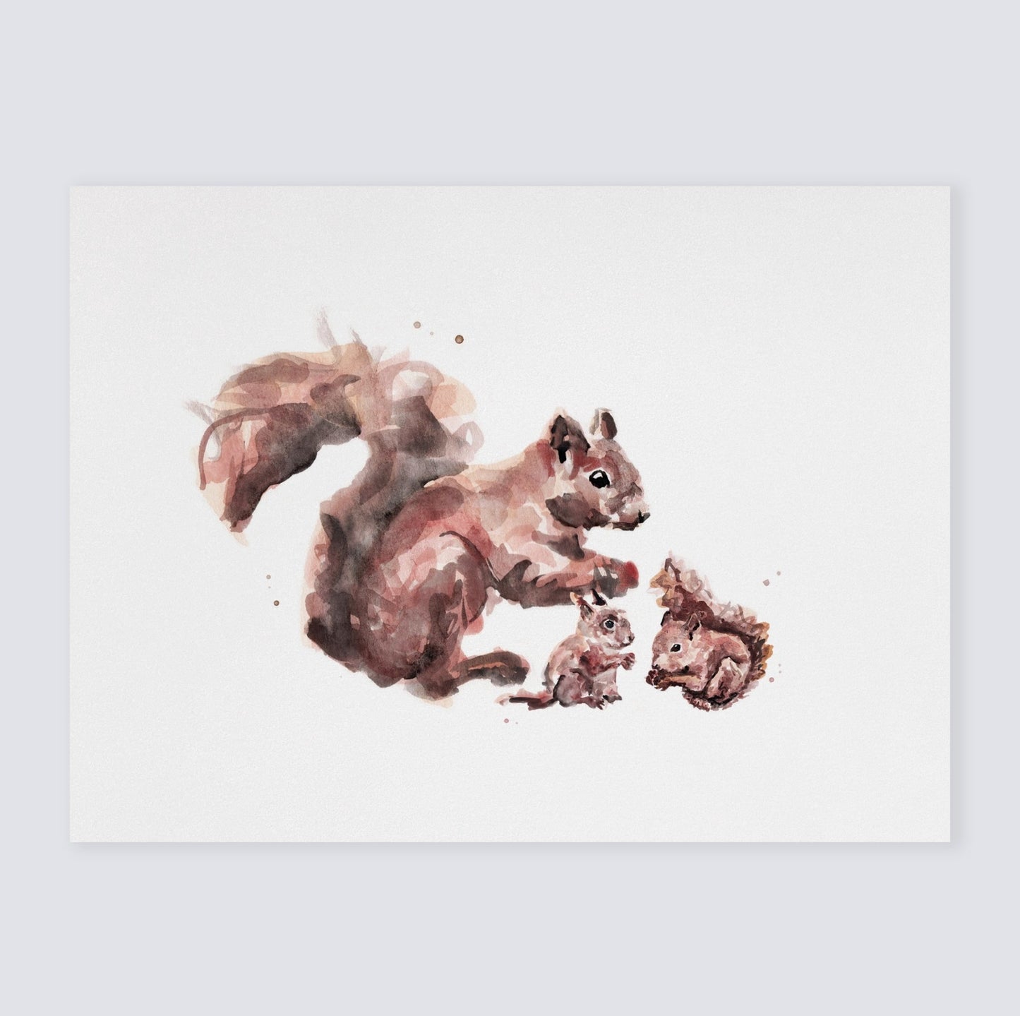 Squirrel & Two Baby Squirrels Woodland Animal Watercolor Art Print for Twin Nursery by Moon Rock Prints