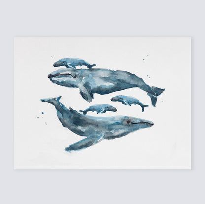 Whale Family Watercolor Print - Ocean Nursery Art Prints - Moon Rock Prints