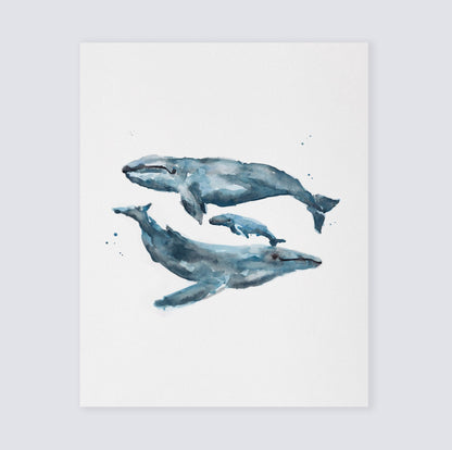 Whale Family Watercolor Print - Ocean Nursery Art Prints - Moon Rock Prints