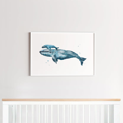 Whale Mom & Baby Watercolor Print for Nautical Nursery Wall Art