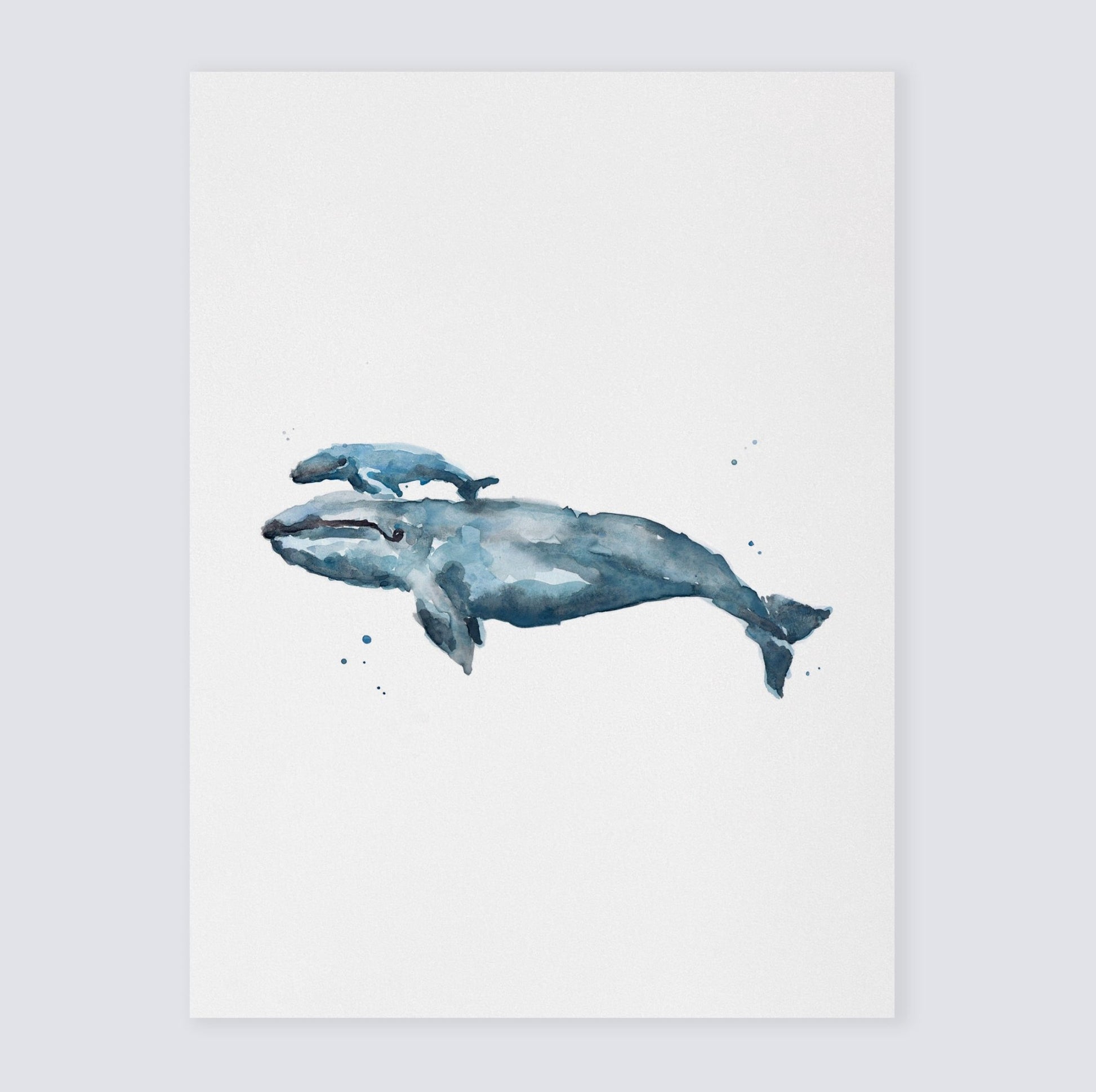 Mom Whale and Baby Whale Nursery Watercolor Art Print for Nautical Nursery