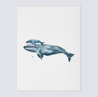 Mom Whale and Baby Whale Nursery Watercolor Art Print for Nautical Nursery