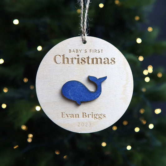 Whale Personalized Baby's First Christmas Ornament - Holiday Ornaments - Moon Rock Prints