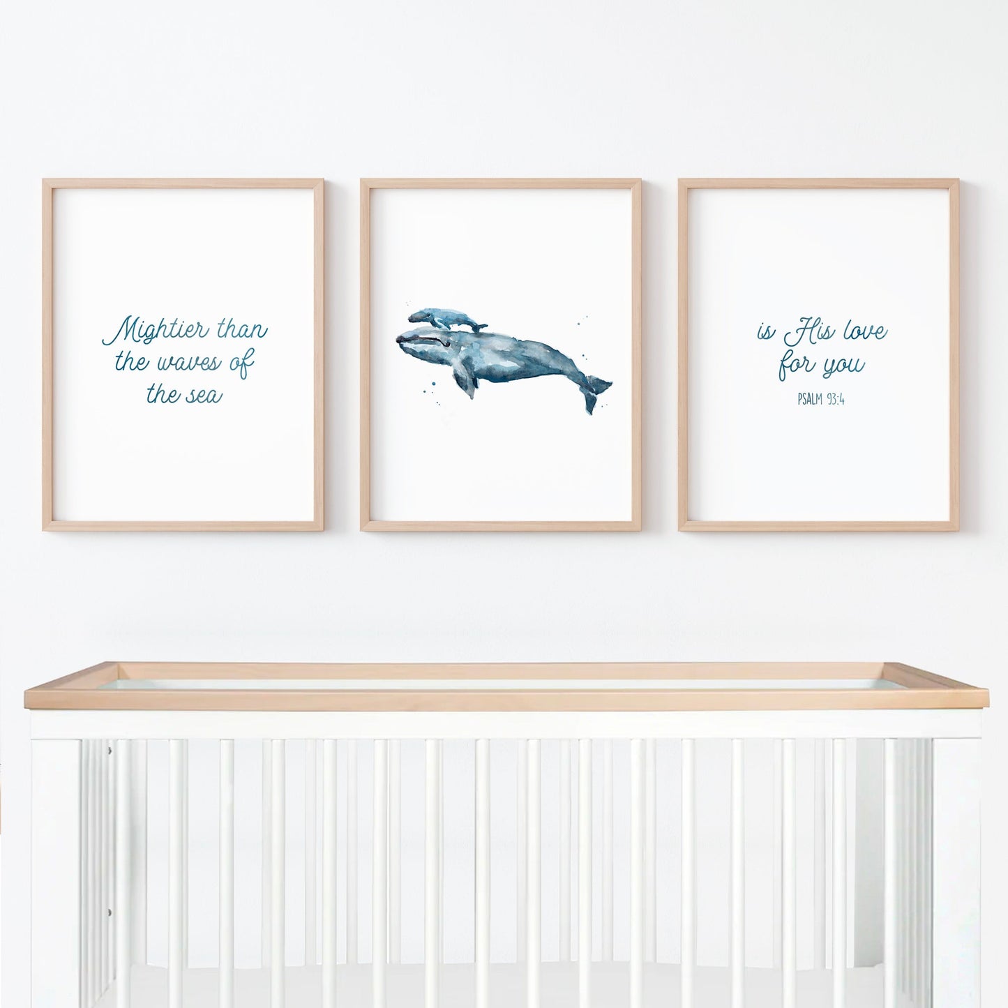 Mightier Than The Waves - Whale Ocean Nursery Art Prints - Psalm 93:4 Art - Nursery Bible Verse Prints - Moon Rock Prints