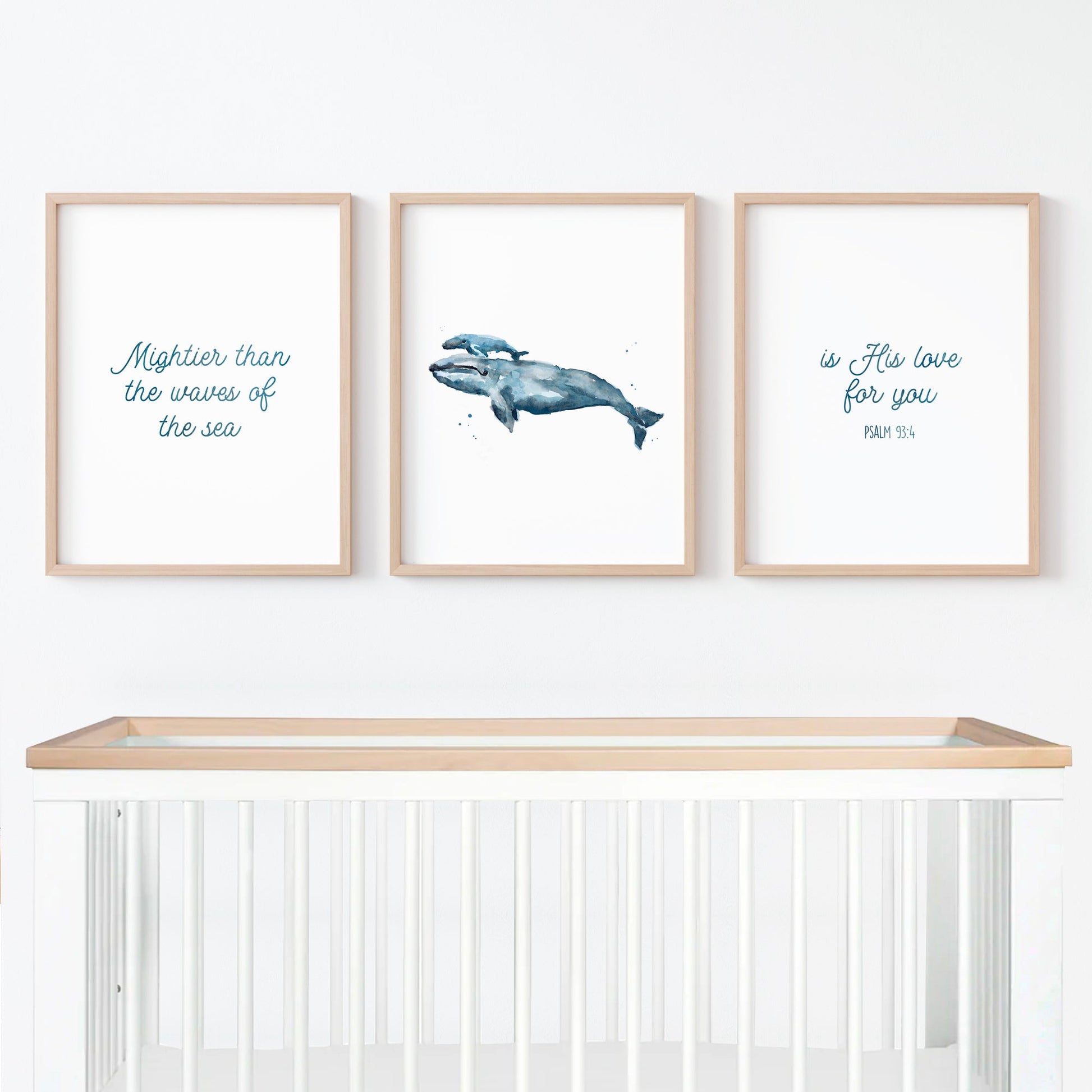 Mightier Than The Waves - Whale Ocean Nursery Art Prints - Psalm 93:4 Art - Nursery Bible Verse Prints - Moon Rock Prints