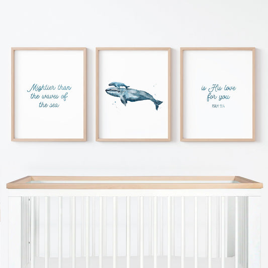 Mightier Than The Waves - Whale Ocean Nursery Art Prints - Psalm 93:4 Art - Nursery Bible Verse Prints - Moon Rock Prints