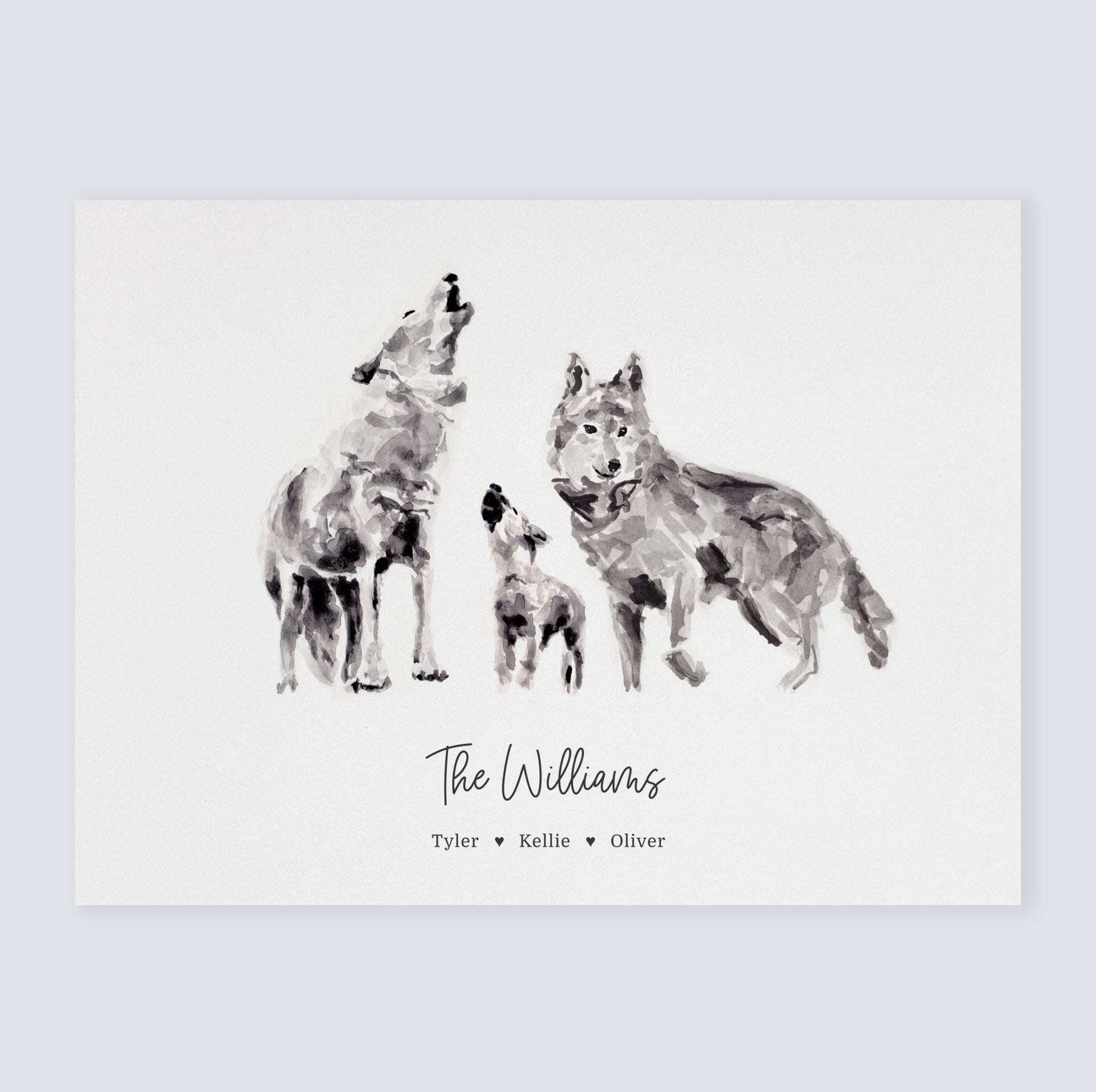Wolf Family Personalized Watercolor Art Print for Woodland Nursery or Boho Decor by Moon Rock Prints