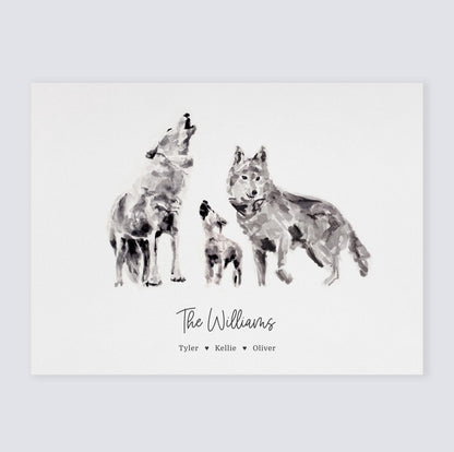 Wolf Family Personalized Watercolor Art Print for Woodland Nursery or Boho Decor by Moon Rock Prints