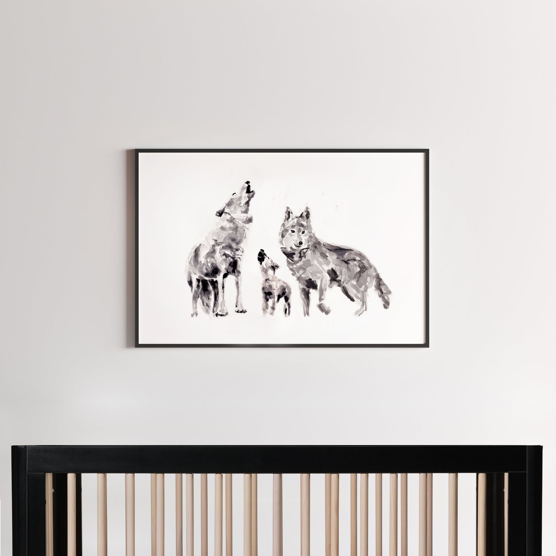 Wolf Family of 3 Woodland Animal Watercolor Art Print for Woodland or Boho Nursery by Moon Rock Prints