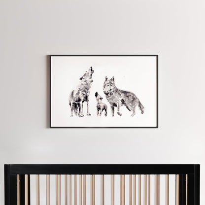 Wolf Family of 3 Woodland Animal Watercolor Art Print for Woodland or Boho Nursery by Moon Rock Prints
