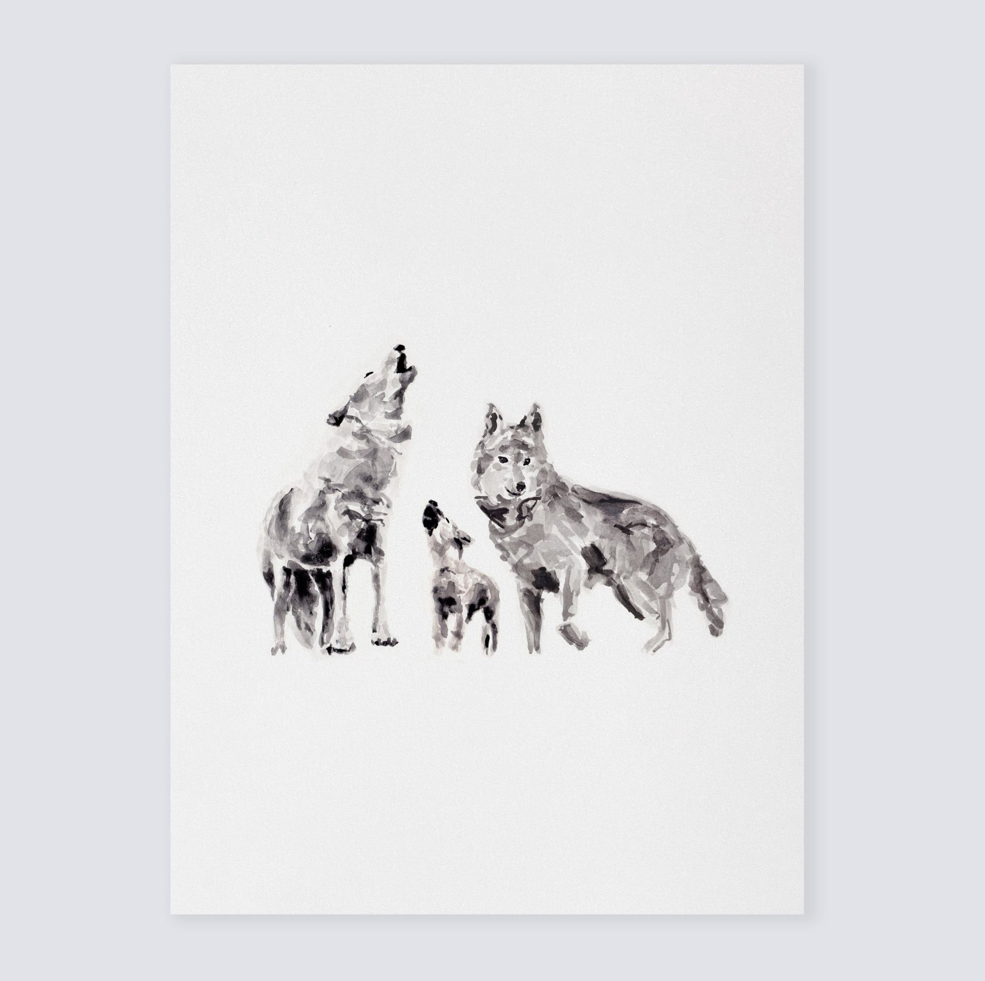 Wolf Family of 3 Woodland Animal Watercolor Art Print for Woodland or Boho Nursery by Moon Rock Prints
